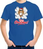 Bellatio Decorations Shoppartners Bv Kerst t-shirt met hamsterende kat Merry Christmas blauw voor kinderen 104/110