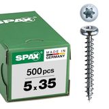 SPAX Universele schroef, 5 x 35 mm, 500 stuks, Voldraad, Bolkop, T-STAR plus T20, 4CUT, WIROX