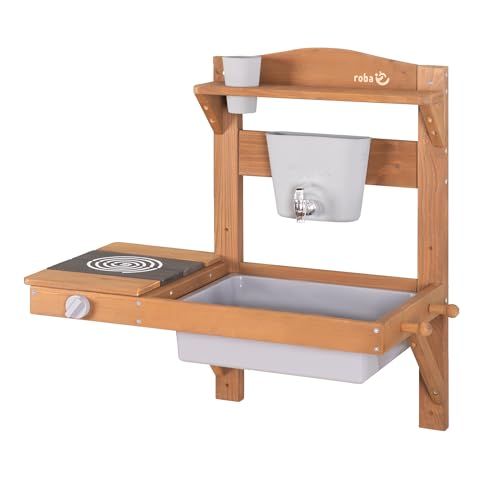 roba Hangende Modderkeuken voor Kinderen - Functionele Buitenspeelkeuken met Waterdispenser & Accessoires - FSC Gecertificeerd Hout - Natuurlijk Uiterlijk