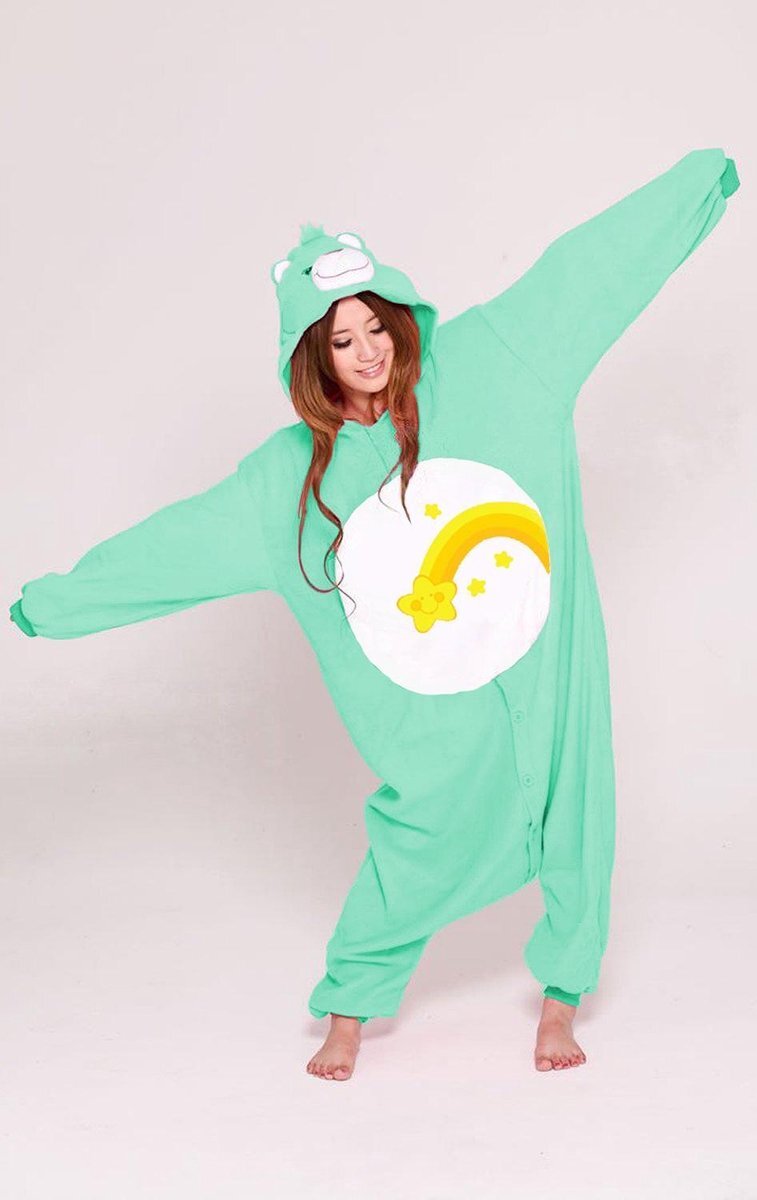 KIMU Onesie Troetelbeer turquoise - maat 110-116 - Troetelbeertjes pak kostuum Wish Bear ster kind berenpak beer pyjama