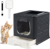 OEM BeiJingLiangPinJiaZuoKeJiWenHuaFaZhanYouXianGongSi Opvouwbare Kattenbak - Boveninstap Gesloten met Deksel - Inclusief Kattenbakschep en 2-in-1 Reinigingsborstel - Zwart