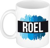Bellatio Decorations Roel naam cadeau koffie mok - beker - met blauw verfstrepen - Cadeau collega - vaderdag - verjaardag - meester - coach - 300 ml - wit