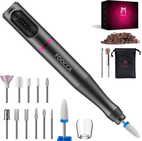FOOCCA® Draadloze Elektrische Nagelvijl - Nagelfrees 20000 RPM - Oplaadbaar - Wireless - 12 Bitjes + 55 Schuurrolletjes + 3 Accessoires - Nagelstofkap - Manicure en Pedicure Set - Ergonomische Aluminium Behuizing - Eeltverwijderaar - Kalknagel