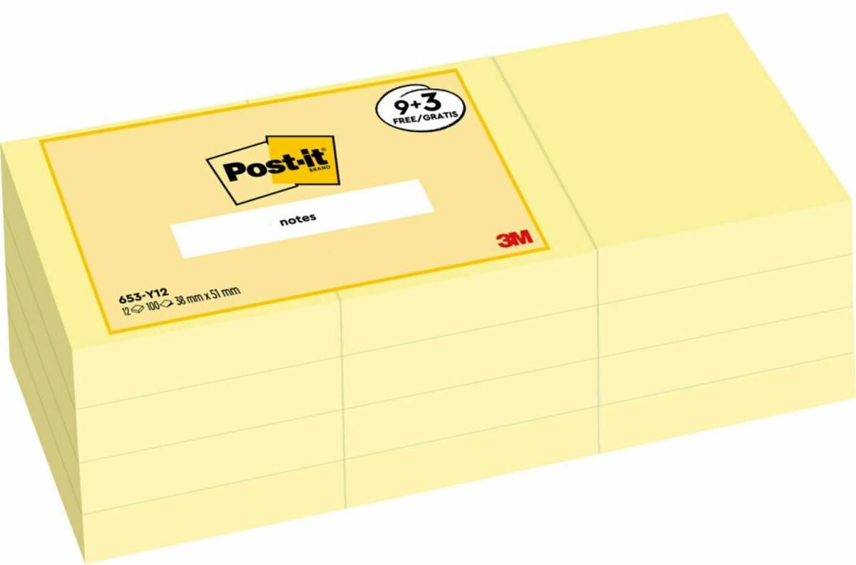 Post-It Notes - Zelfklevende notitieblaadjes - Geel - 38 x 51 mm - 100 vel - 12 stuks