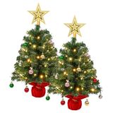AGM 2 STKS Kleine Kerstboom met Lichten, Mini Tafelblad Xmas Bomen | Warm witte LED-verlichting, sterentopper, kerstballen, mini-kerstbomen voor kerstversiering, huis- en keukendecoratie