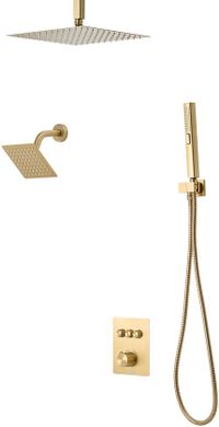 VEVOR Douchesysteemset met 12 inch regendouchesysteem / 6 inch wandmontagekop / 2-in-1 handdouche, draaibare dubbele regenkop (3 functies), messing klep en afwerkingsset, geborsteld goud