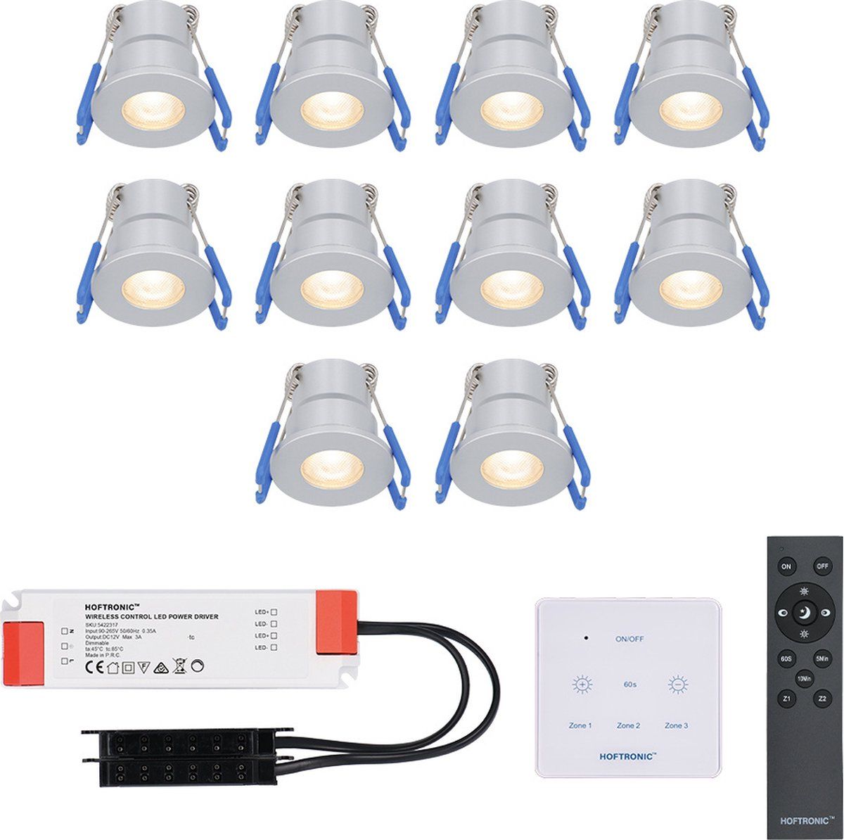 Cree LED inbouwspots 10x3W dimbaar - IP65 waterdicht - incl. Touch muurdimmer en afstandsbediening - set Malaga 10 Stuks - Grijs