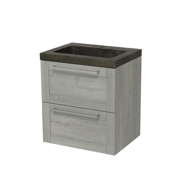 Maxaro Badkamermeubel 60cm Modulo Grijs Eiken 2 lades Kader Wastafel Blue Stone