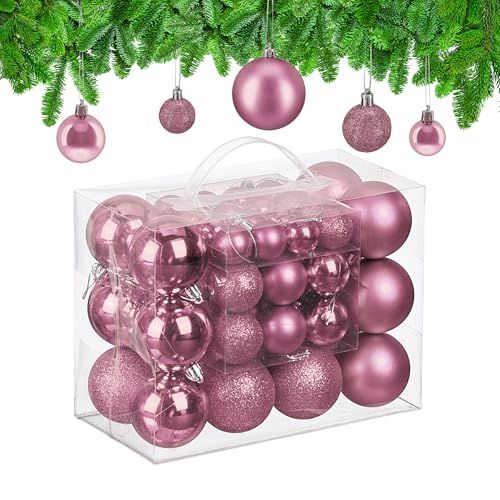 Relaxdays kerstballen set van 50, kunststof, glitters, glanzend en mat, onbreekbaar, roze