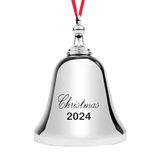 2024 Kerst Ornament - Elegante Zilveren Kerst Bell Ornament 2024 met Rood Lint. Jingle Bell 2024