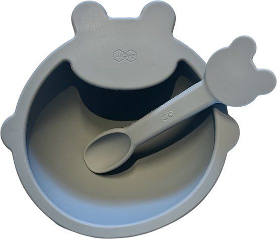 JU&MP Kommetje Beer met Lepel - Baby - Kinderservies - Blauw - Siliconen - Met Zuignap - Vaatwasserbestendig