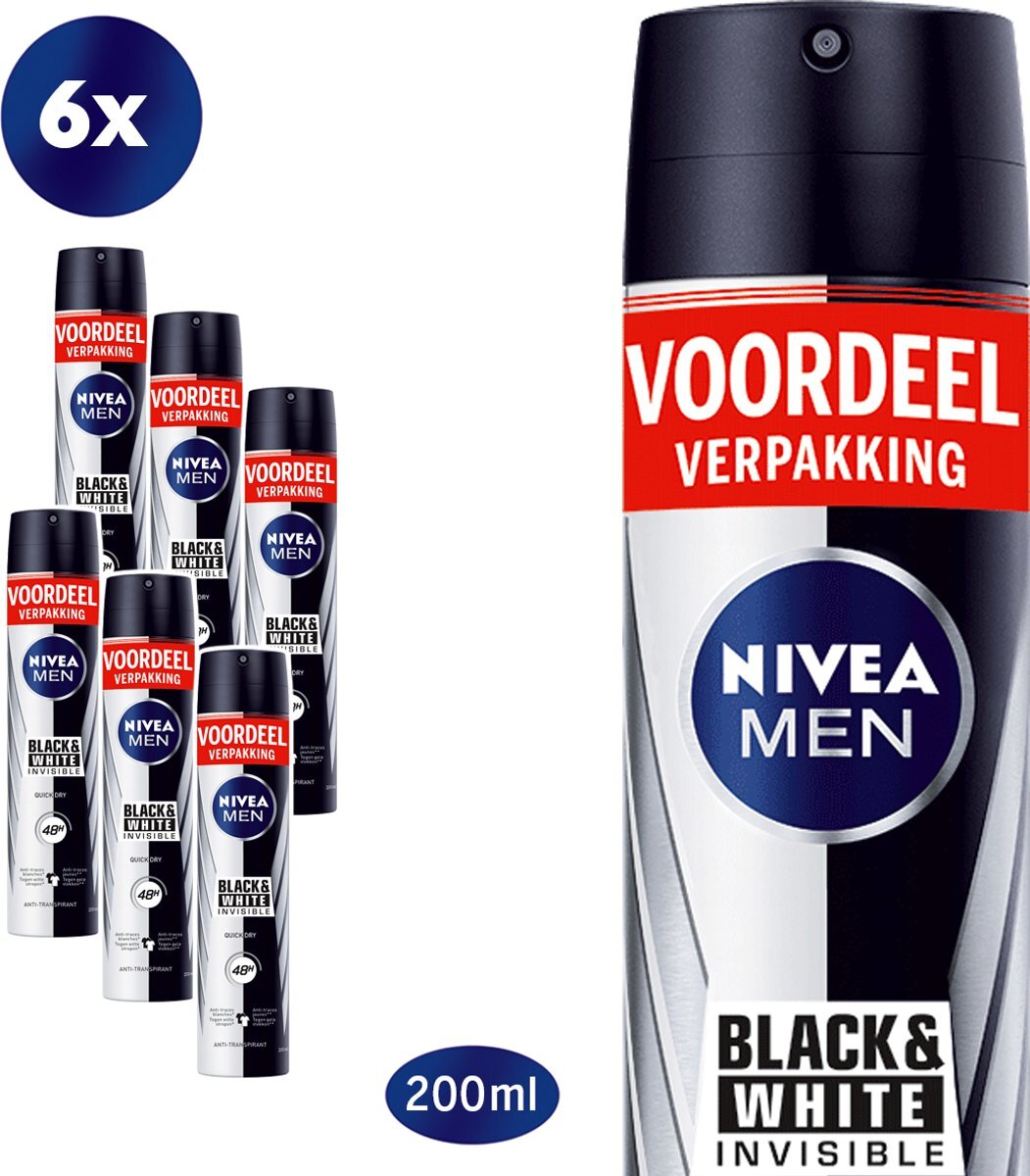 Nivea MEN Invisible for Black & White Power Deodorant Spray - 6 x 200ml - Voordeelverpakking