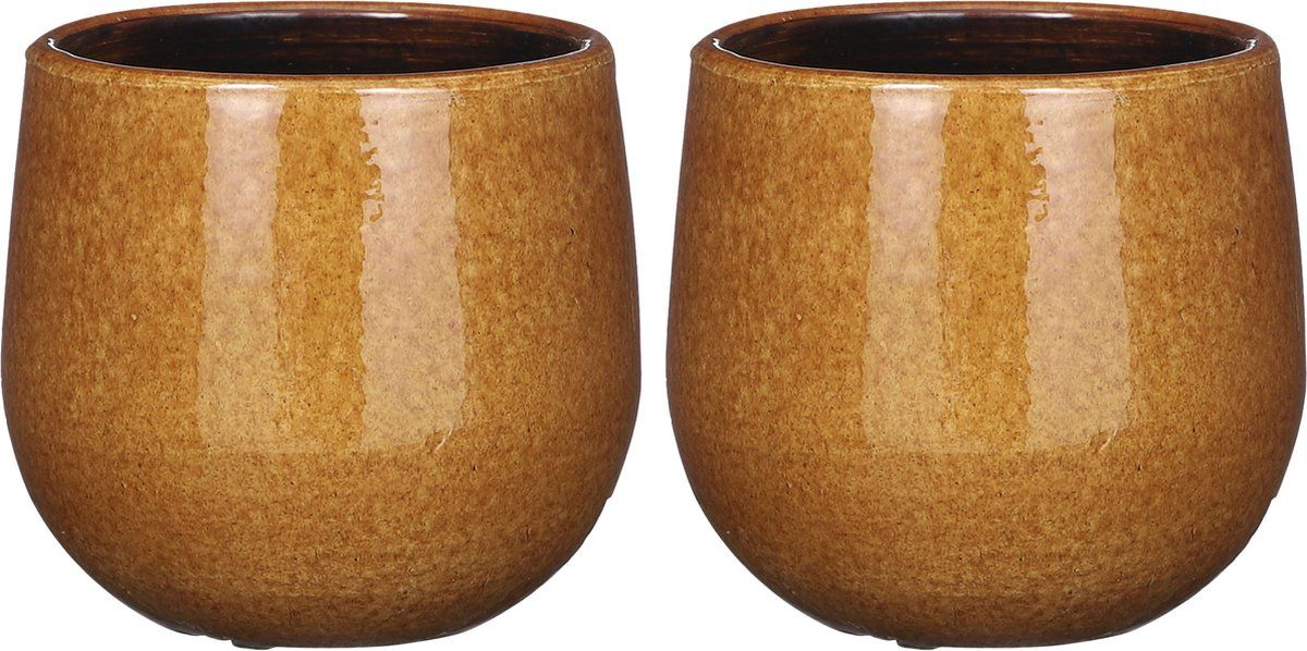 Mica Decorations - Plantenpot/bloempot - Keramiek - Okergeel - D14/H12 cm - 2 stuks