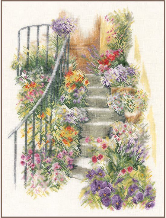Lanarte borduurpakket PN0169680 trap met bloemen - Wit