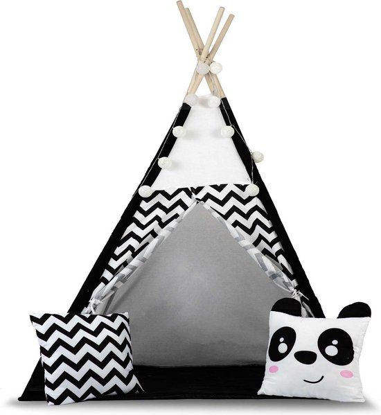 Viking Choice Tipi tent kinderen - speeltent - zwart wit - met kussens en lampjes - katoen - 120x120x175 cm