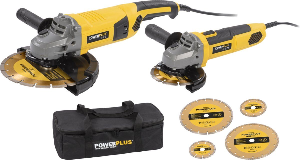 Powerplus POWX06250 Haakse slijper set - 2 stuks - 115mm - 230mm - 750W - 2000W - Inclusief slijpschijven en opbergtas