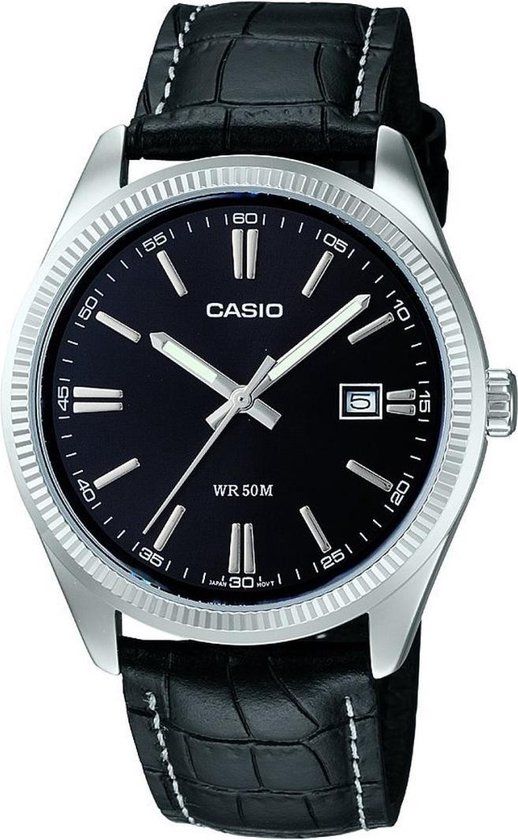 Casio MTP-1302PL-1AVEF Herenhorloge - Zwart Leren Band - Zilverkleurige Kast - 39mm