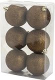 Cosy & Trendy Kerstballen - 6 stuks - Donkerbruin - Glitters - 8 cm - Kunststof