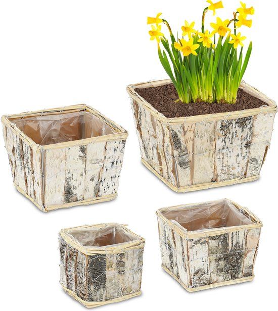 Relaxdays Bloempot - Vierkant - Berkenhout - Set van 4 - Binnen & Buiten
