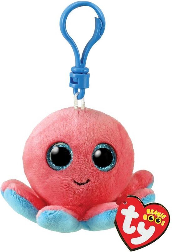 TY Sleutelring, Beanie Boos Clips-Octopus Sheldon-rood, koraalogen, blauw, glinsterend, met grote ogen, 12 cm, meerkleurig, T35255