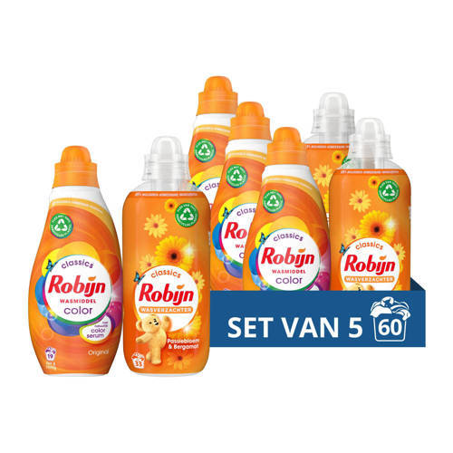 Robijn Robijn Perfect Match Color en Passiebloem & Bergamot wasmiddel en wasverzachter Pakket - set van 5 (60 wasbeurten) - voordeelverpakking - 60 wasbeurten