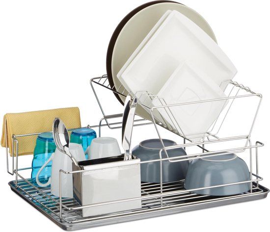 RVS Afdruiprek - 23.5 x 48 x 32 cm - Zilver - Met Bestekhouder - Merkloos