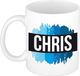 Bellatio Decorations Chris naam cadeau koffie mok - beker - met blauw verfstrepen - Cadeau collega - vaderdag - verjaardag - meester - coach - 300 ml - wit
