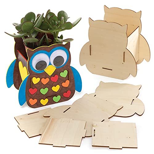 Baker Ross FE645 Houten Bloempot met een uil thema Knutselset voor kinderen- Pakket van 3, Maak je eigen Bloempot, Plantpotten voor Kinderen, Creatieve knutsel activiteiten voor Kinderen