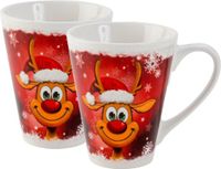 Merkloos / Sans marque IKO Kerst mokken - 2 stuks - rendier - 9,5 x 8 cm - 300 ml - Keramiek - Rood