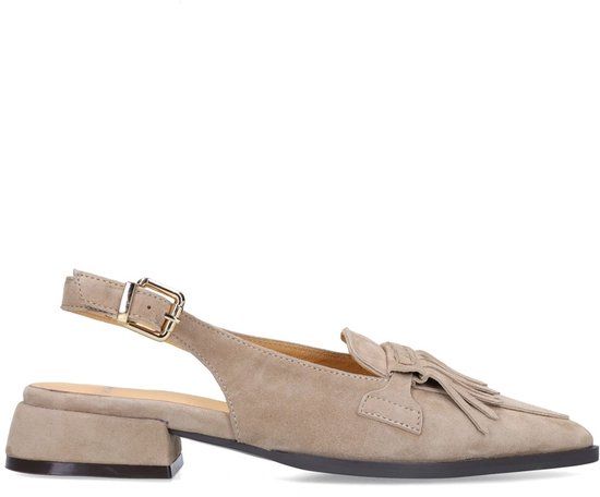 Manfield - Dames - Taupe suède slingbacks met franjes - Maat 42