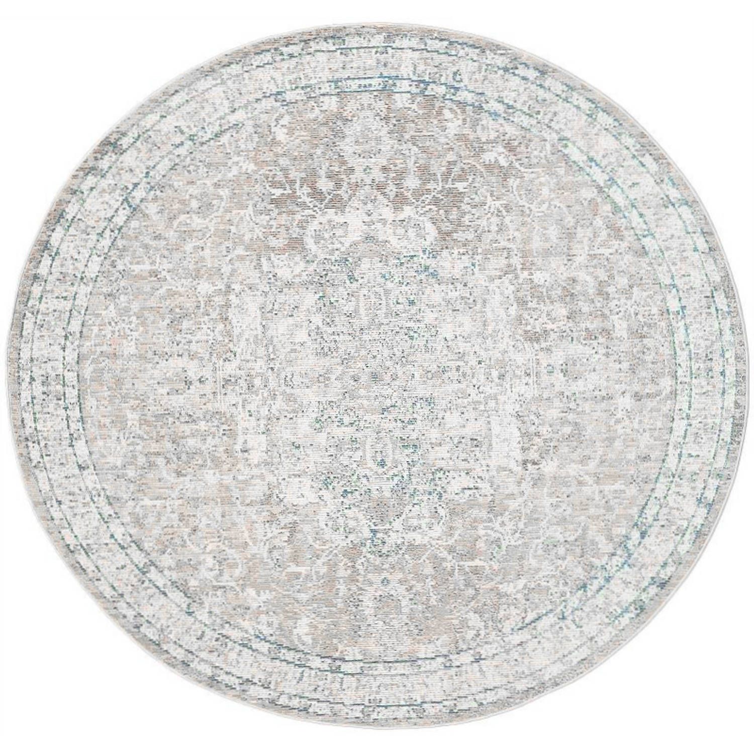 Lizzely Garden & Living Vloerkleed Rond Vintage - 180cm - Wit/Blauw/Grijs - Polyester