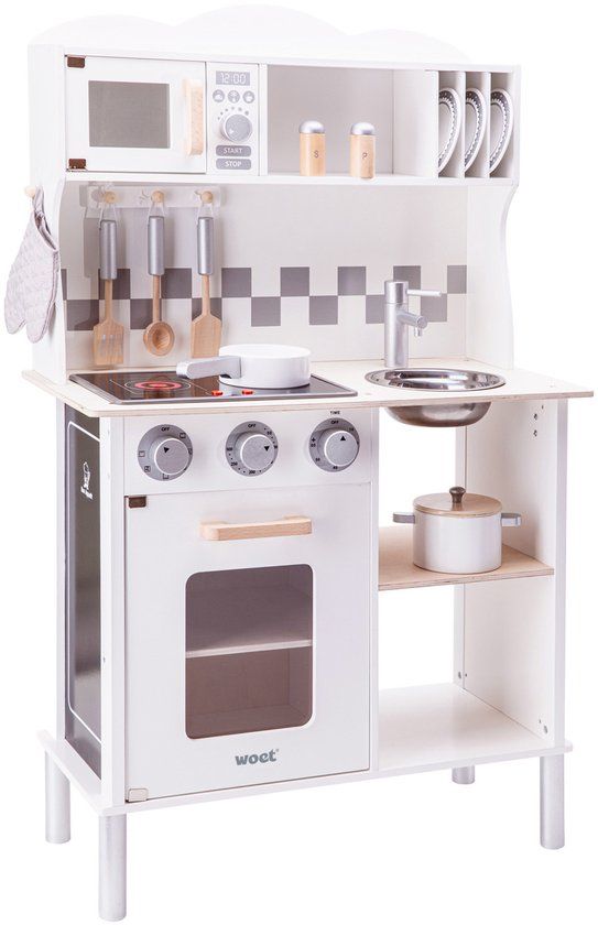 New Classic Toys Houten Speelkeuken Wit - Met Kookplaat die Licht geeft en Krijtbord