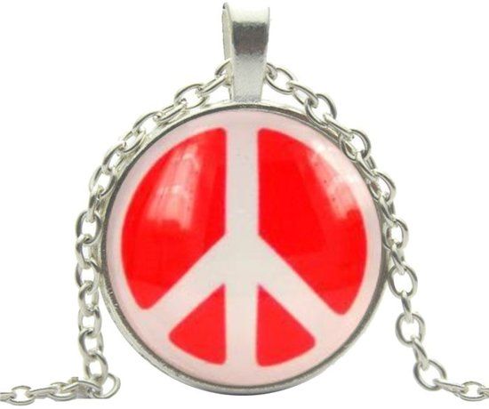 Fako Bijoux Ketting Cabochon Peace Rood/Wit