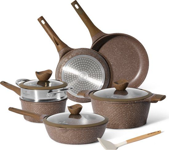 JUST PERFECTO HOUSEHOLD APPLIANCES 12-Delige Pannenset Inductie - Marron Beige - PFAS Vrij - 5 Pannen met Deksel