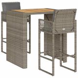 VidaXL 3-delige Tuinbarset met Kussens, Poly Rattan, Acacia, Grijs