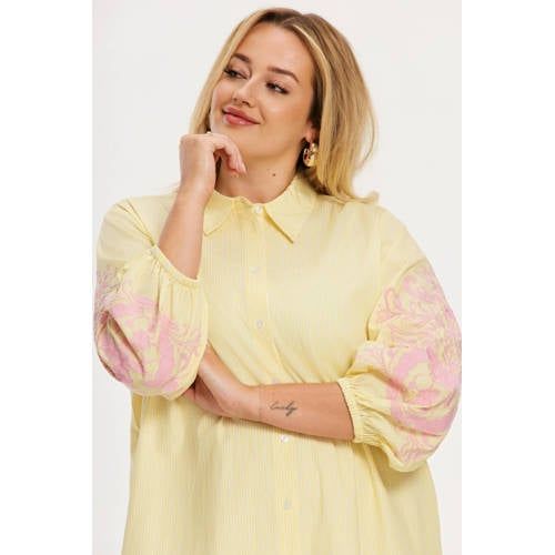 YOEK blousejurk met broderie en krijtstreep geel