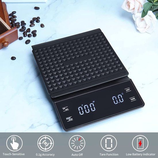 IMTEX Keukenweegschaal - Koffie Scale - met Timer - LED Scherm - 3000 gram - Zwart