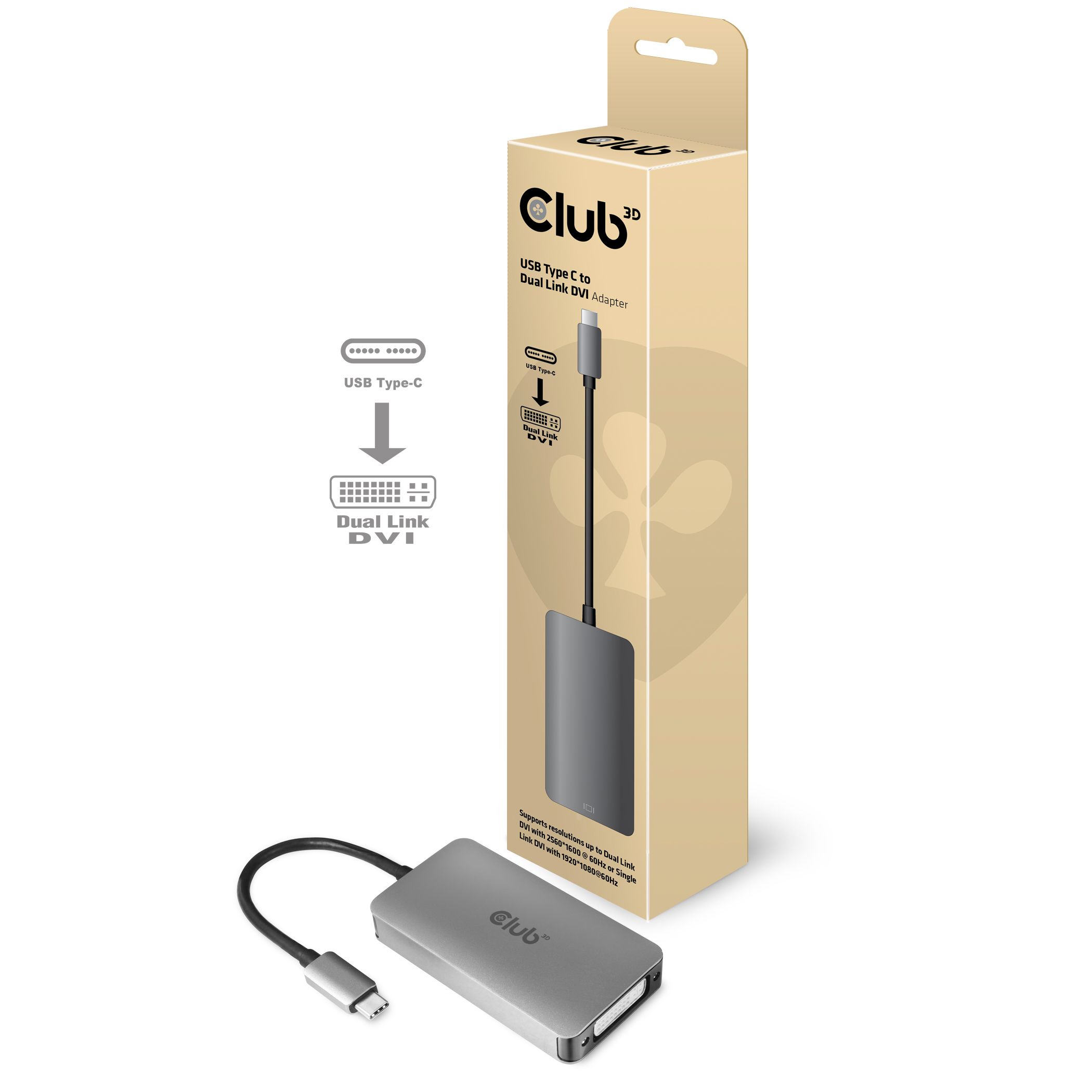 Club 3D USB3.2 Gen1 Type-C to Dual Link DVI-D HDCP AAN versie Actieve Adapter M/V