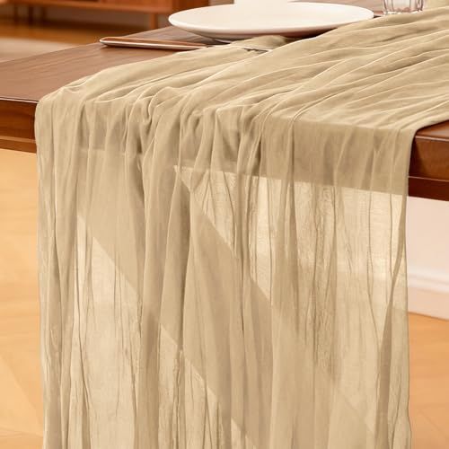 Kaasdoek Tafelloper Champagne, 300 x 90 CM Boho Gaas Tafelloper voor Bruiloften, Verjaardagsfeesten, Babyborrels, Vrijgezellenfeesten en Banketdecoraties