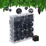 Relaxdays Kerstballen, 110 stuks, kunststof, D: 8 cm, kerstboomdecoratie, met slinger, zwart