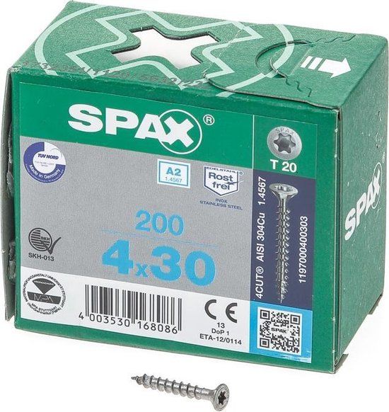 SPAX RVS Schroef 4x30mm - 200 stuks - Torx T20 - Verzonken Kop - 1197000400303