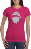 Bellatio Decorations Kerst T-shirt dames - Kerstman hoofd - roze - glitter bedrukking - zilver - Kerstkleding S