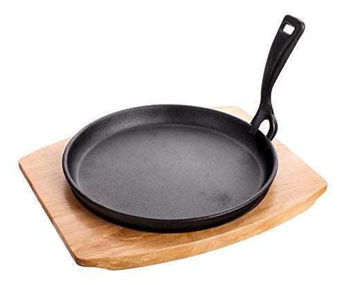 Banquet Gietijzeren ronde Sizzler Pan op houten standaard met afneembare handgreep, zwart, 24 x 28,5 x 5,5 cm