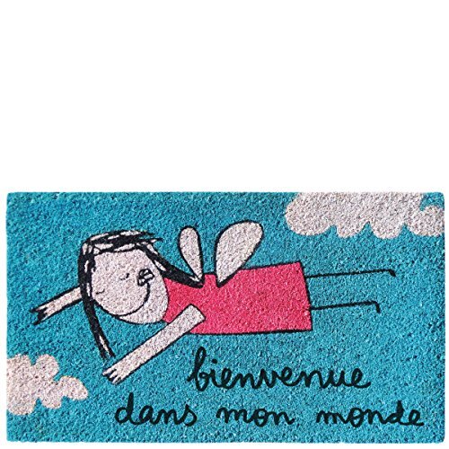 Laroom laroom Deurmat Design Bienvenue dans mon monde, Jute en antislip, blauw, 40 x 70 x 1,8 cm