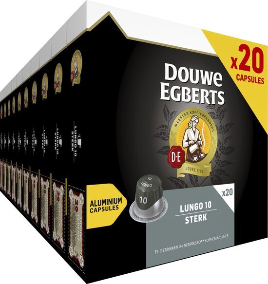 Douwe Egberts Koffiecups - Lungo Sterk Voordeelverpakking - 200 Koffie Capsules - Geschikt voor Nespresso* Koffiemachines - Intensiteit 10/12 - UTZ Gecertificeerd - 10 x 20 Cups