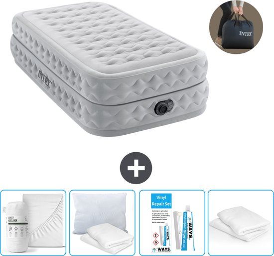 Intex Luchtbed - 1-Persoons - 99 x 191 x 51 cm - Grijs - Inclusief pomp - Hoeslaken - Kussen - Reparatieset en Kussenbeschermer