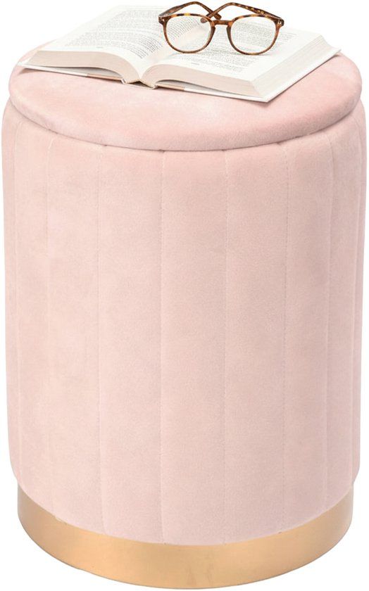 Merkloos Relaxdays Poef met opbergruimte - Ø 32 cm - fluweel - oudroze