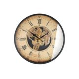 GILDE Wandklok - metaal - rond - Ø 60cm - Wereldkaart en tandwielmotief - Crème koperkleuren