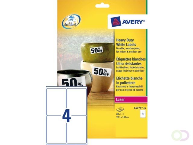 Avery L4774-20 - Etiketten - 99.1x139mm - Polyester - Wit - 80 stuks