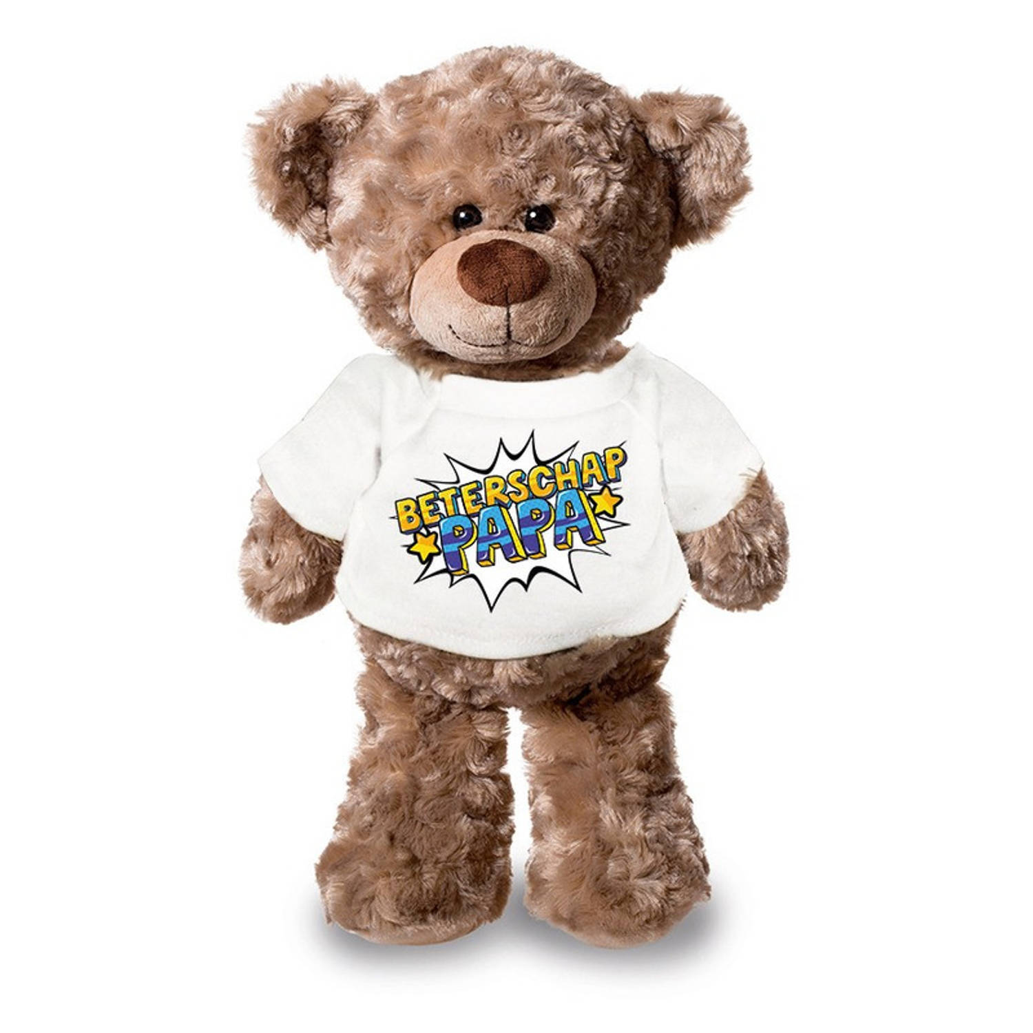 Bellatio Decorations Beterschap papa pluche teddybeer knuffel 24 cm met wit pop art t-shirt - beterschap papa / cadeau knuffelbeer